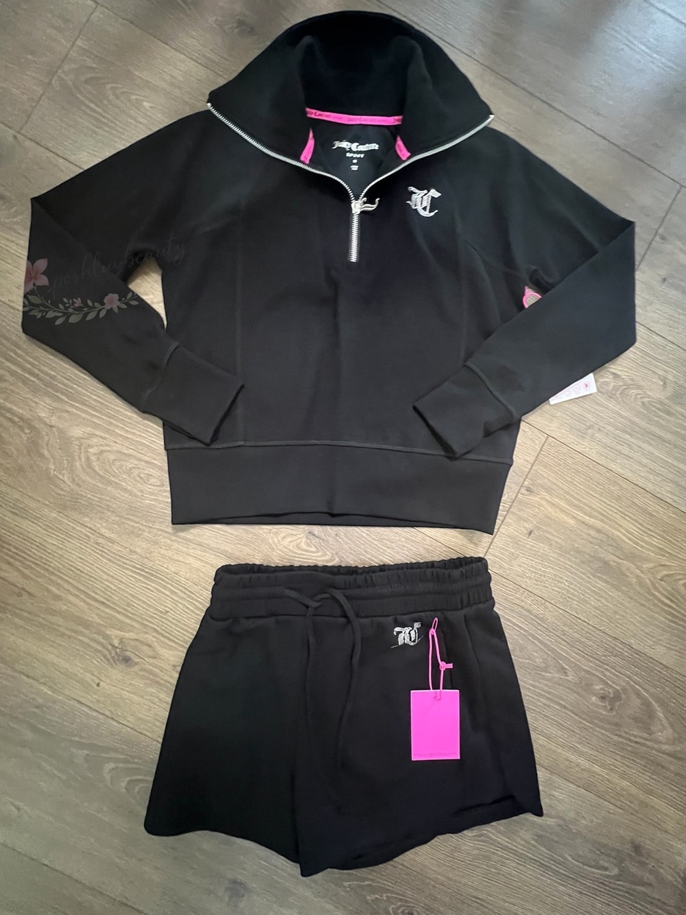 Juicy Couture Sport 2pc Track Set Black Rhinestone Shorts Half Zip Pullover M